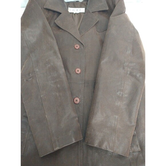 Comint Leather Button Up Jacket Coat Size L Chocolate Brown Pockets Classic - Picture 9 of 15